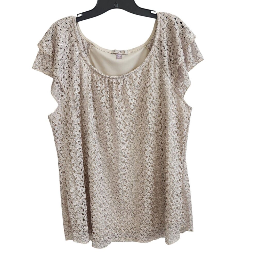 Roz & Ali-2X-Boho-Beige-Crochet Knit Top-Layered Flutter Sleeve-Coastal Grandma - Picture 1 of 10